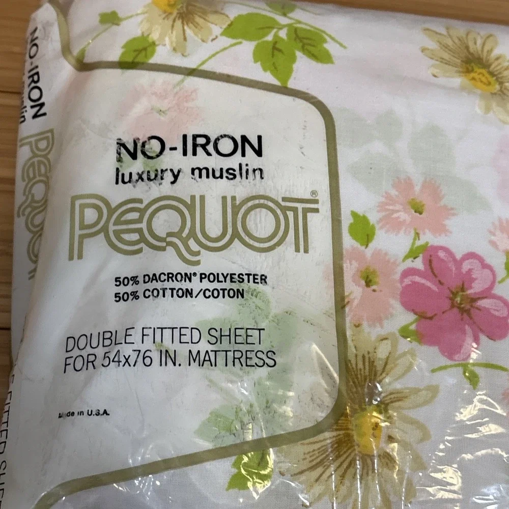 Vtg Pequot No Iron Double Fitted Bed Sheet Pink Yellow Floral 54X76 Mattress NEW